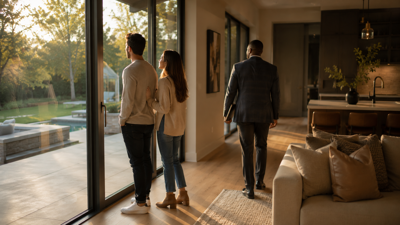 A man and woman looking out a glass sliding door at a backyard with trees and a pool while a real estate agent walks away inside the house.