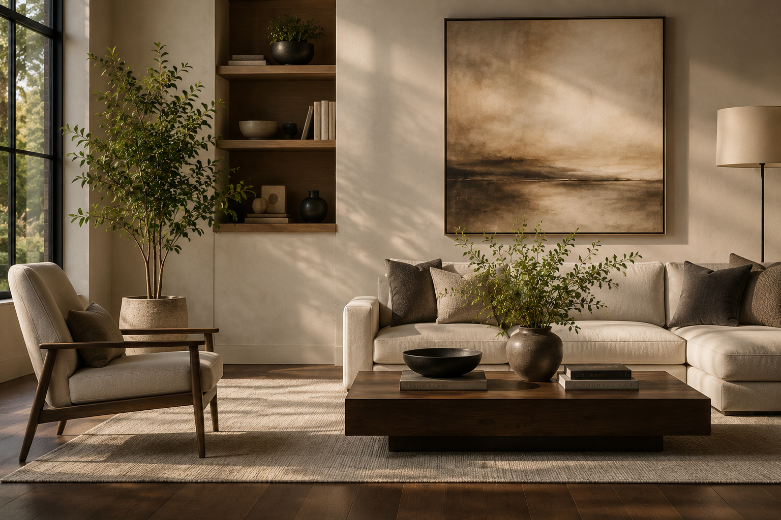 Living room with a large white sofa, a wooden coffee table with decorative bowls and books, a beige armchair, potted plants, a large abstract painting, and a floor lamp, illuminated by natural sunlight through a window.