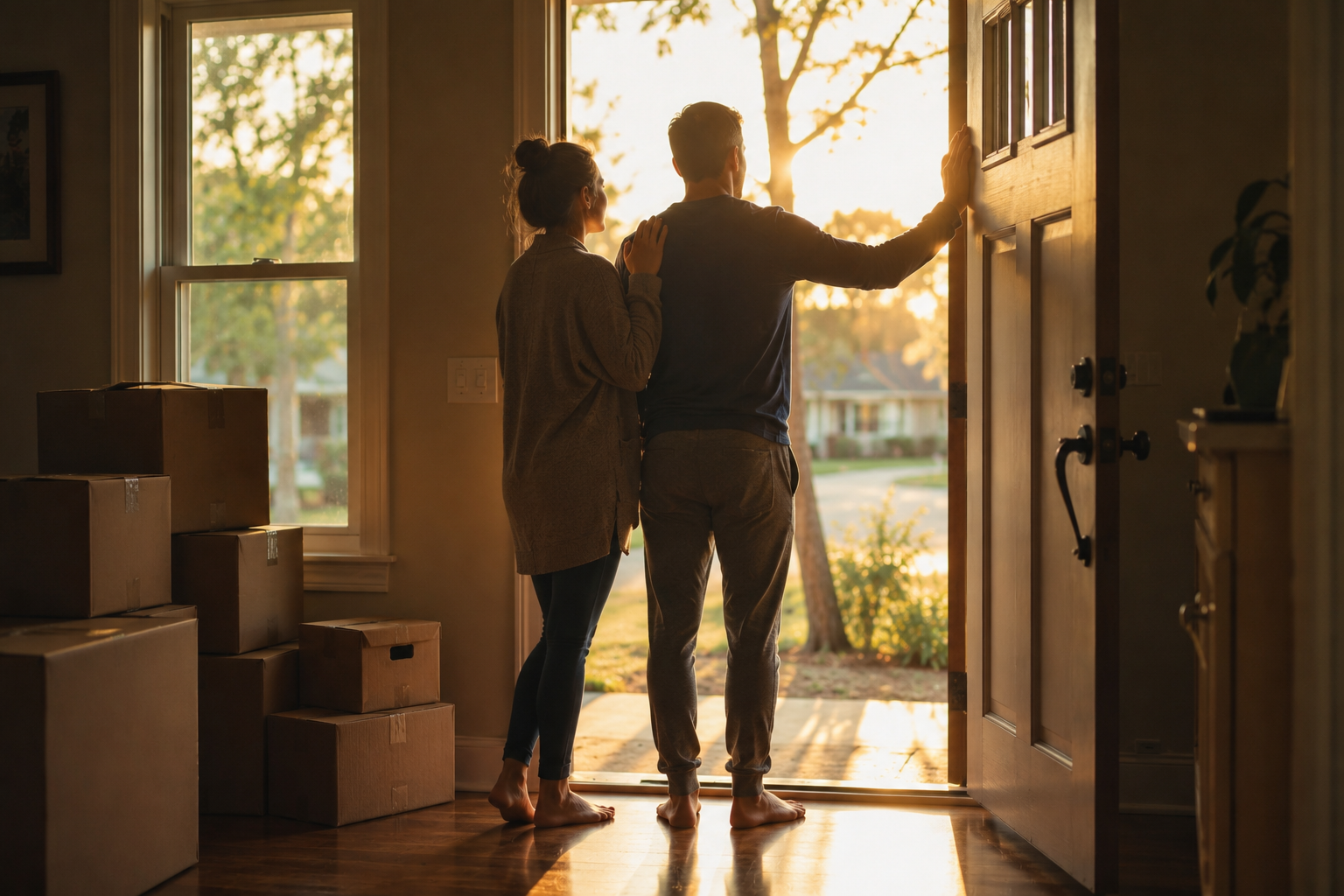 A couple stands at the open front door of their house during sunset, with moving boxes stacked nearby.