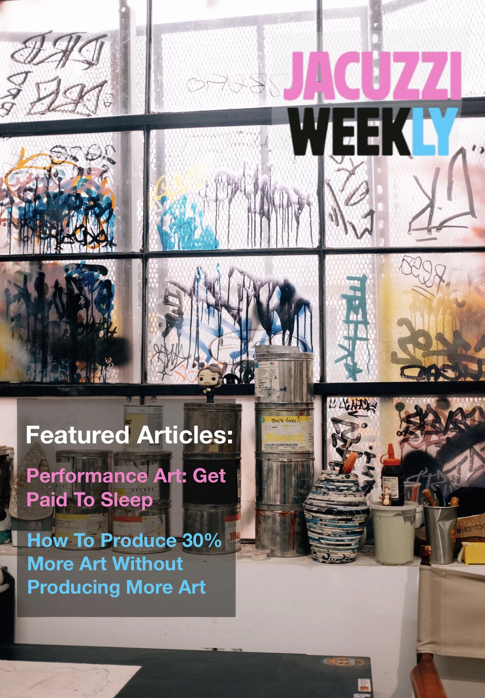 Workshop or studio space with windows covered in graffiti and spray paint, various cans of paint, brushes, and art supplies on a table, with overlaid text about performance art, art production, and creativity.
