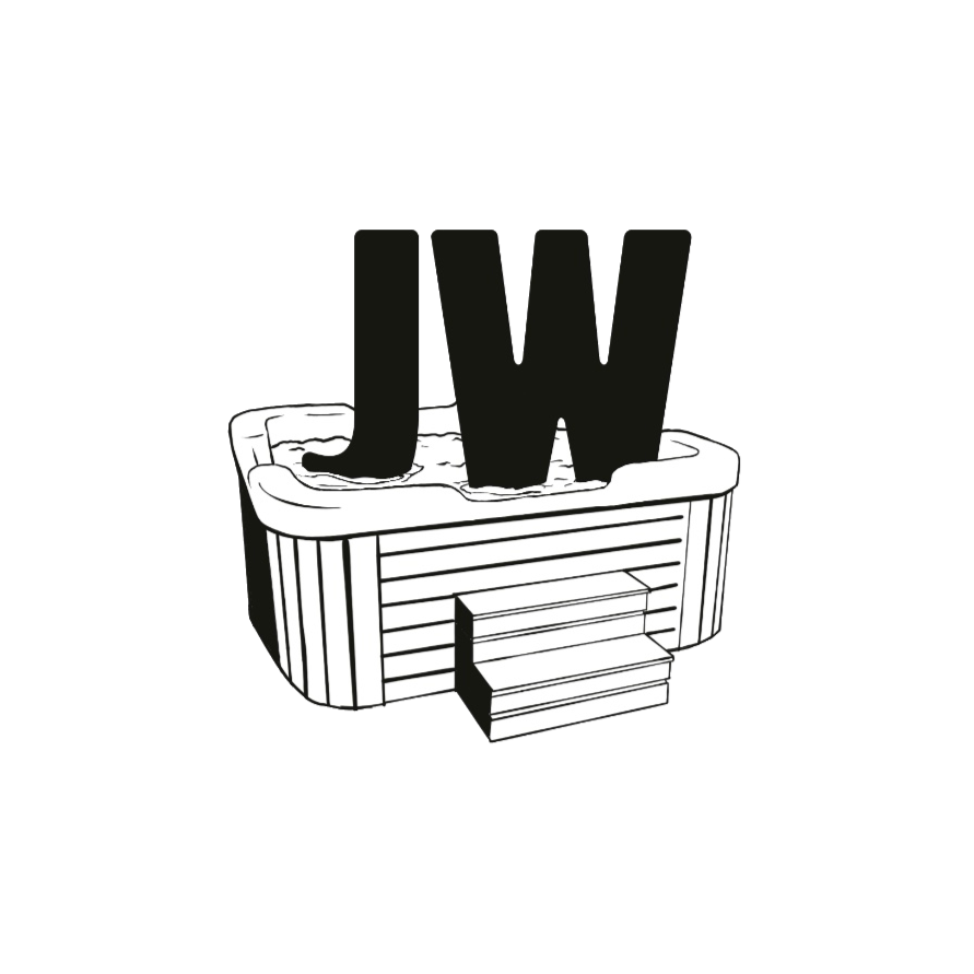 A hot tub with steps leading up to it, featuring large black letters 'J' and 'W' on top.