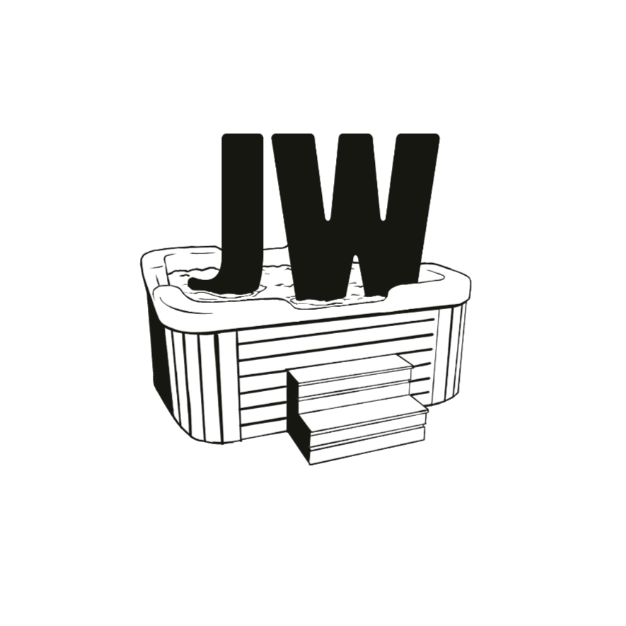 A black and white cartoon illustration of a hot tub with large black letters 'J' and 'W' standing in the water.