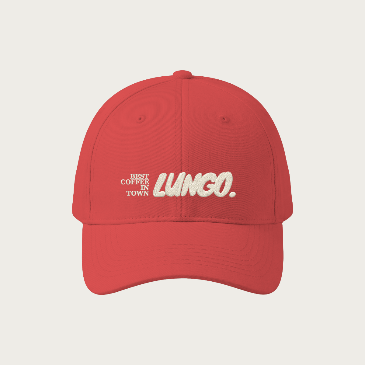 Gorra personalizada roja con bordado de alta calidad del logotipo de LUNGO, ideal para uniformes, eventos, promociones y productos de marca para empresas.