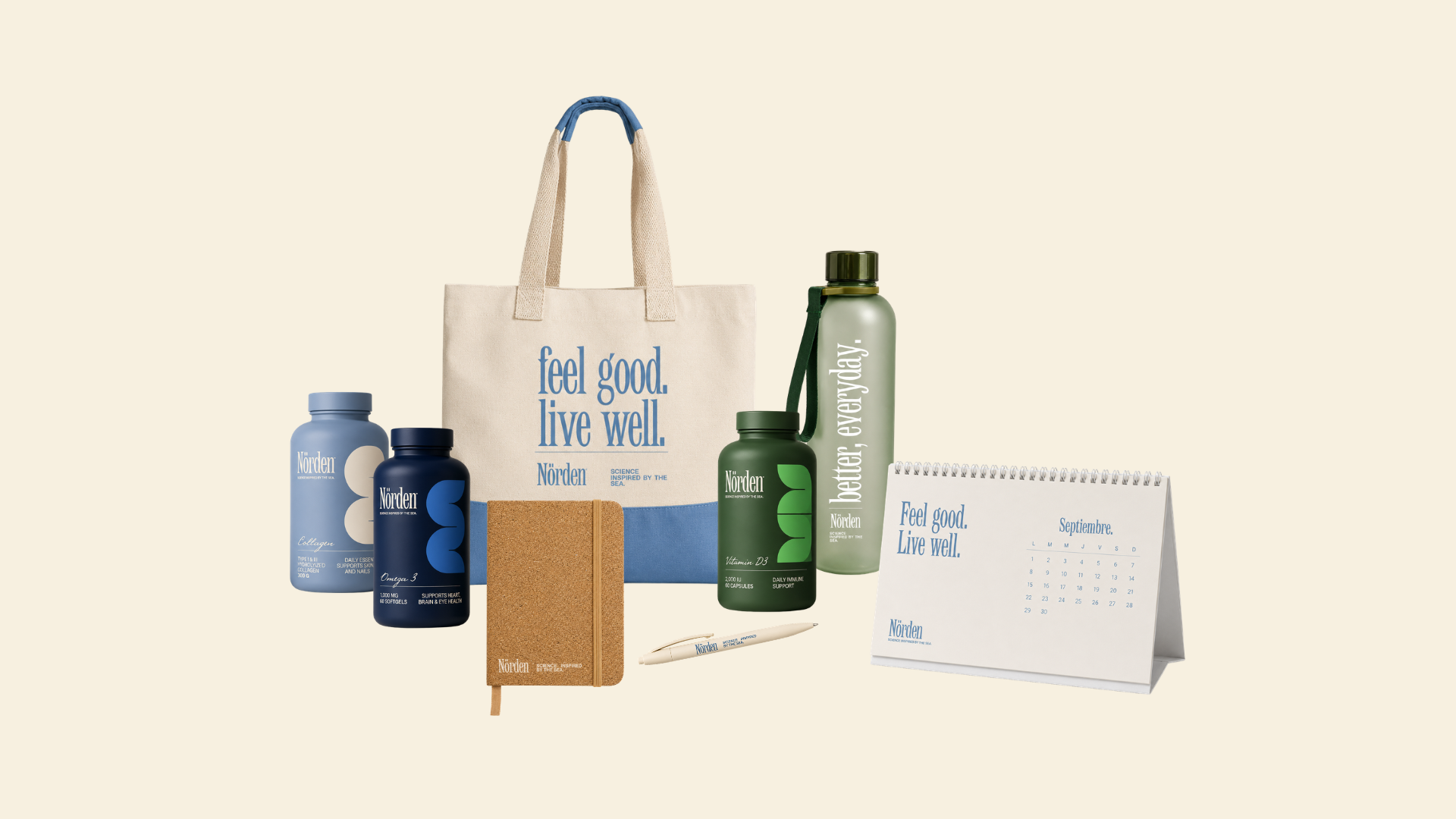 Kit corporativo personalizado con bolsa de tela impresa, botella para suplementos, libreta, bolígrafo, calendario y accesorios de bienestar, ideal para onboarding de colaboradores, regalos corporativos y productos de marca para empresas.