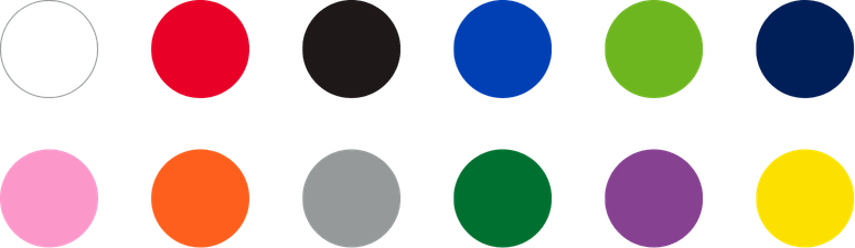 Colores blanco, rojo, negro, azul royal, verde manzana, azul marino, rosa, naranja, gris, verde, morado y amarillo
