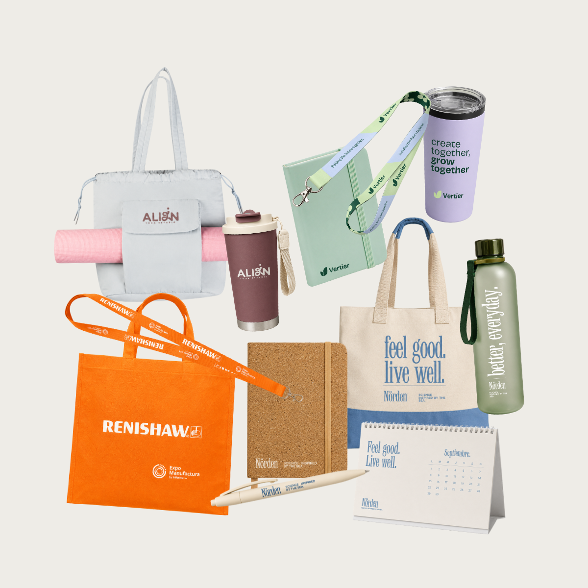 Productos promocionales personalizados para empresas: bolsas, termos, libretas y artículos corporativos con impresión de logotipos y diseños de marca.