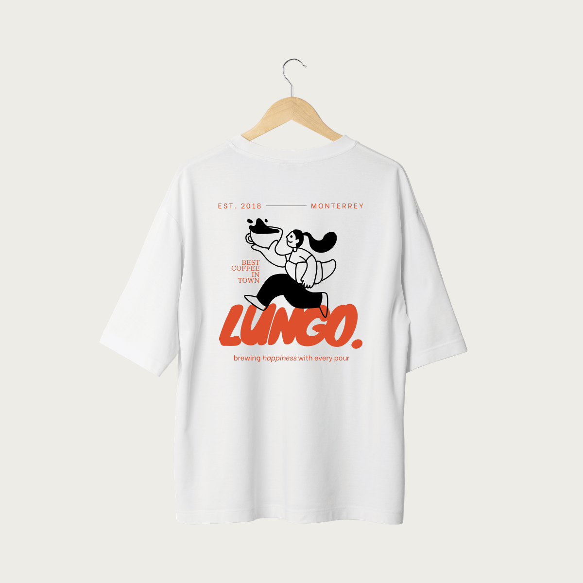Playera personalizada blanca con impresión serigráfica de ilustración y diseño de la marca LUNGO, ideal para uniformes, eventos, activaciones de marca y productos corporativos personalizados.