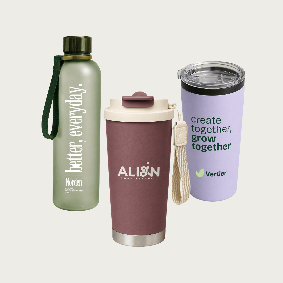 Botellas y tazas reutilizables personalizadas con mensajes motivacionales, ideales como regalos corporativos, productos de marca y artículos promocionales para colaboradores, clientes y eventos empresariales.