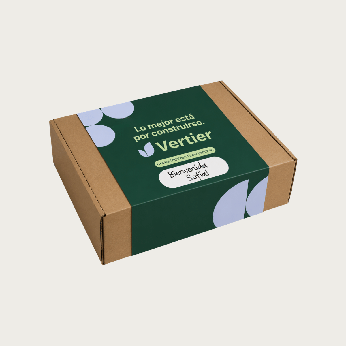 Caja de cartón personalizada con etiqueta impresa para kits corporativos y experiencias de marca.