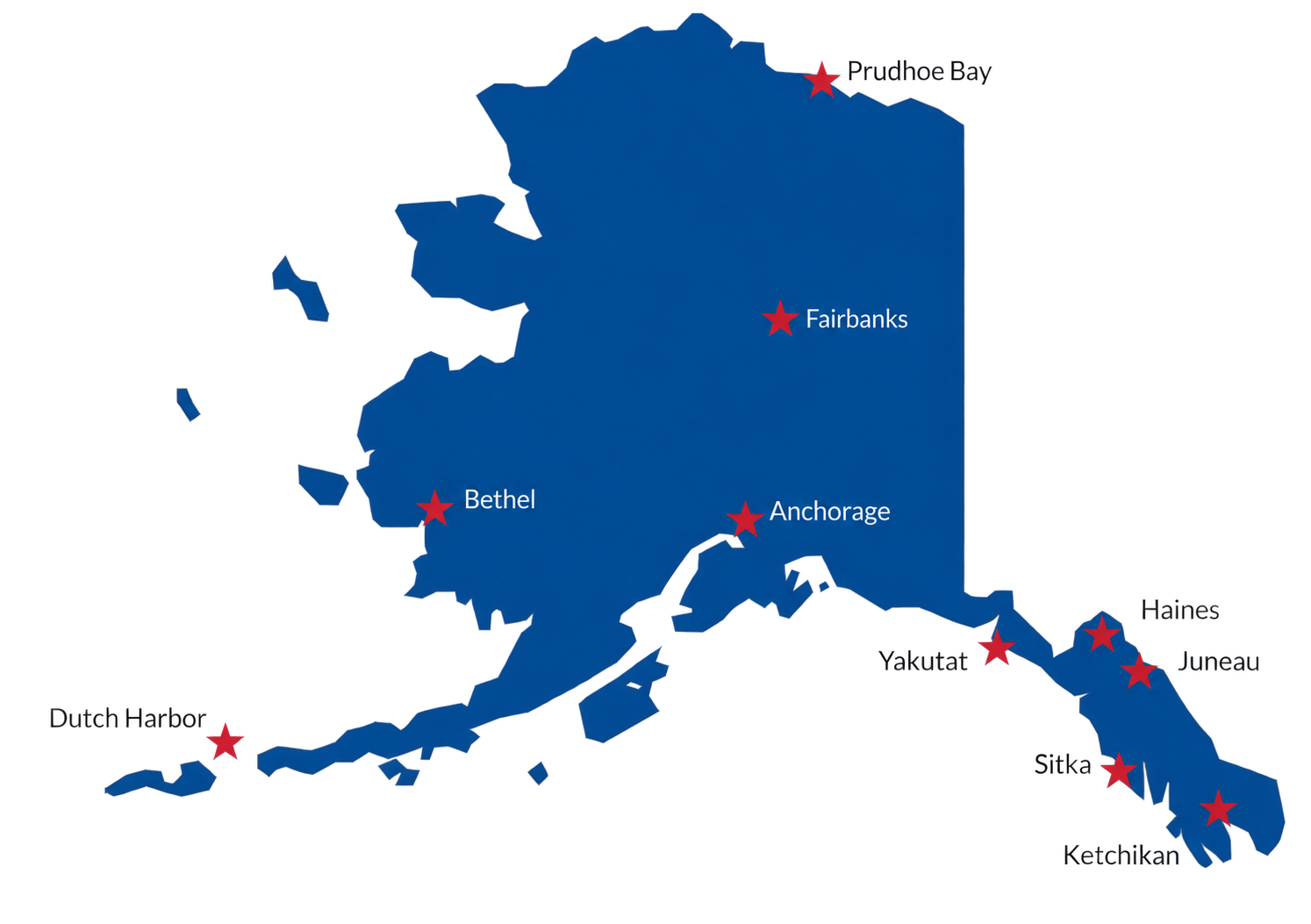 Map of Alaska highlighting major cities with red star icons, including Prudhoe Bay, Fairbanks, Anchorage, Bethel, and Juneau, on a blue background.