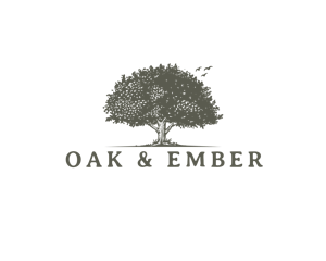 A logo featuring a silhouette of a tree above the text 'OAK & EMBER'.