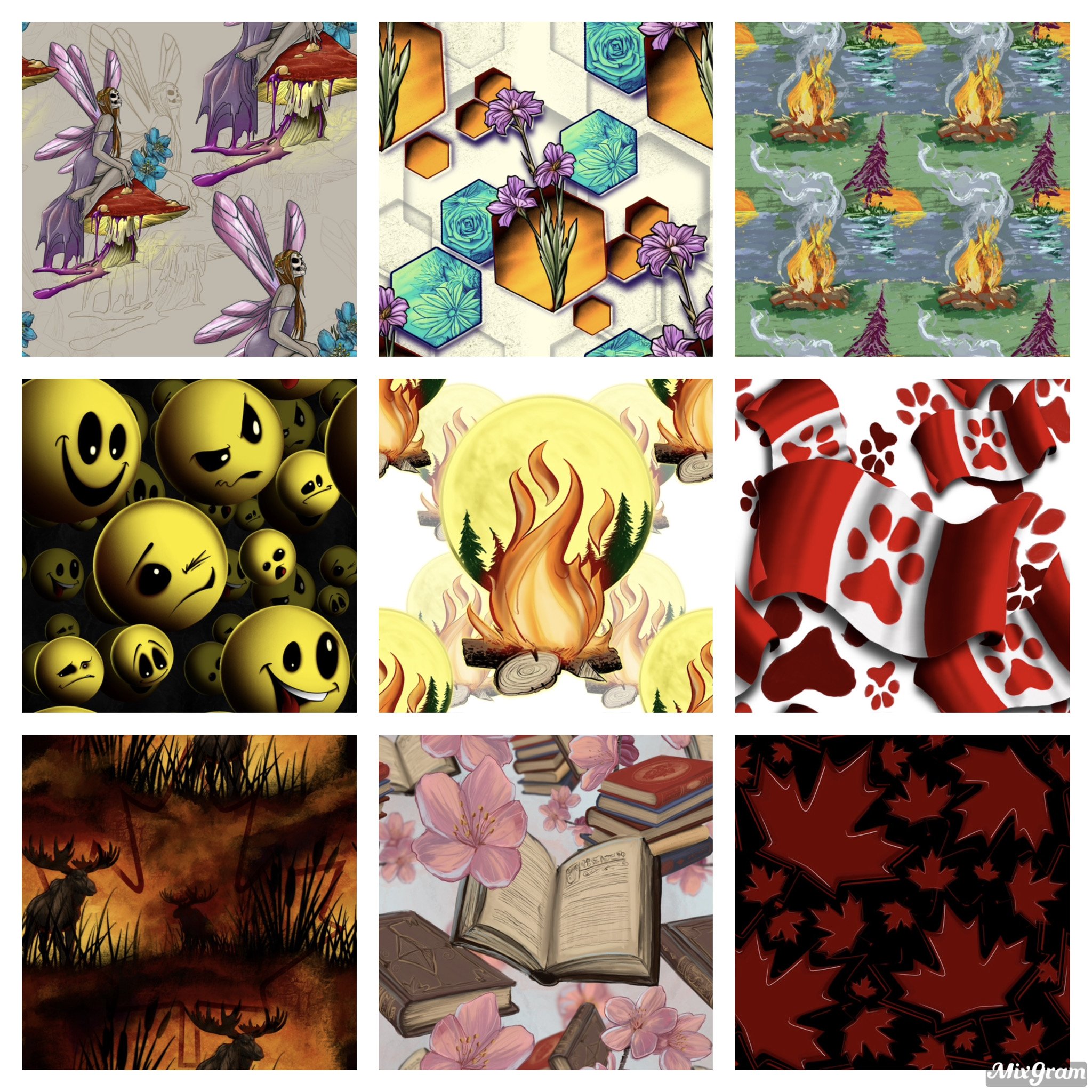 A collage of various artistic and colorful digital illustrations, including fairy-like characters with wings, hexagonal patterned flowers, a campfire with mountains and trees, multiple yellow emoticon faces, a fiery scene with flames and trees, cherry blossoms with books, a close-up of red and white floral patterns, and a silhouette of a deer in a grassy landscape.
