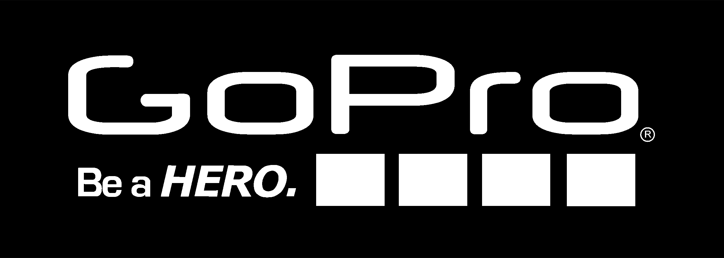 GoPro logo with the slogan 'Be a HERO' and five white squares.