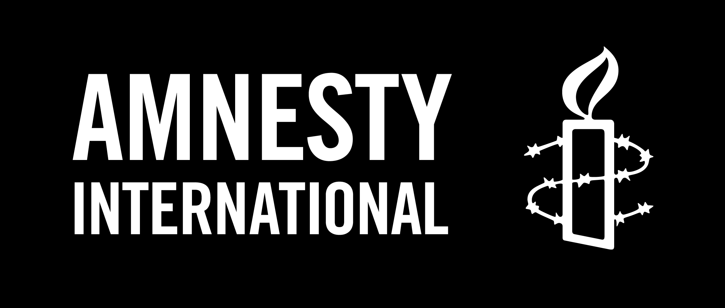 Black background with white Amnesty International logo and text. The logo includes a burning candle wrapped in barbed wire.