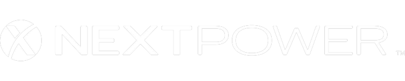 Next Power logo with stylized 'X' symbol on black background.