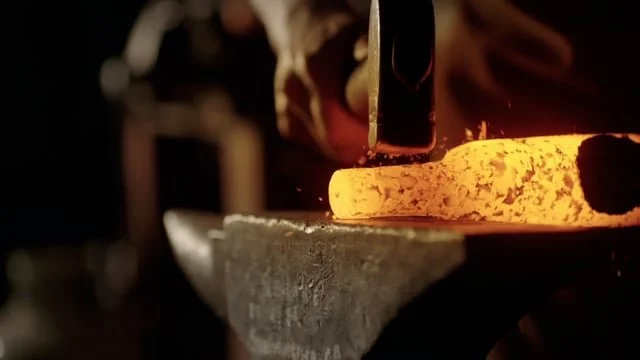 A blacksmith hammering a glowing hot piece of metal on an anvil.