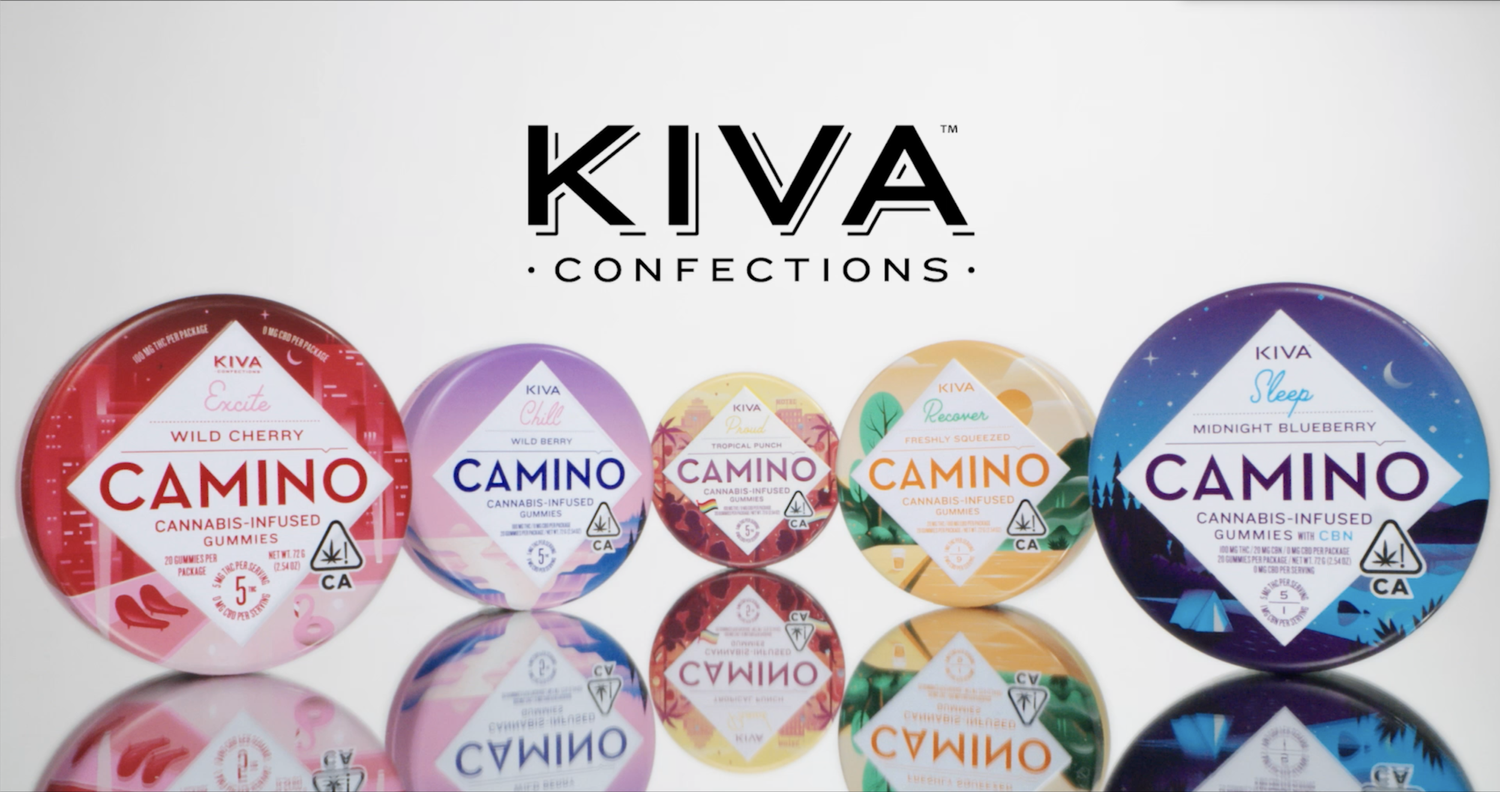 Display of five KIVA Confections cannabis-infused gummy packages in various flavors and colors, arranged in a semi-circle with the KIVA logo above them.