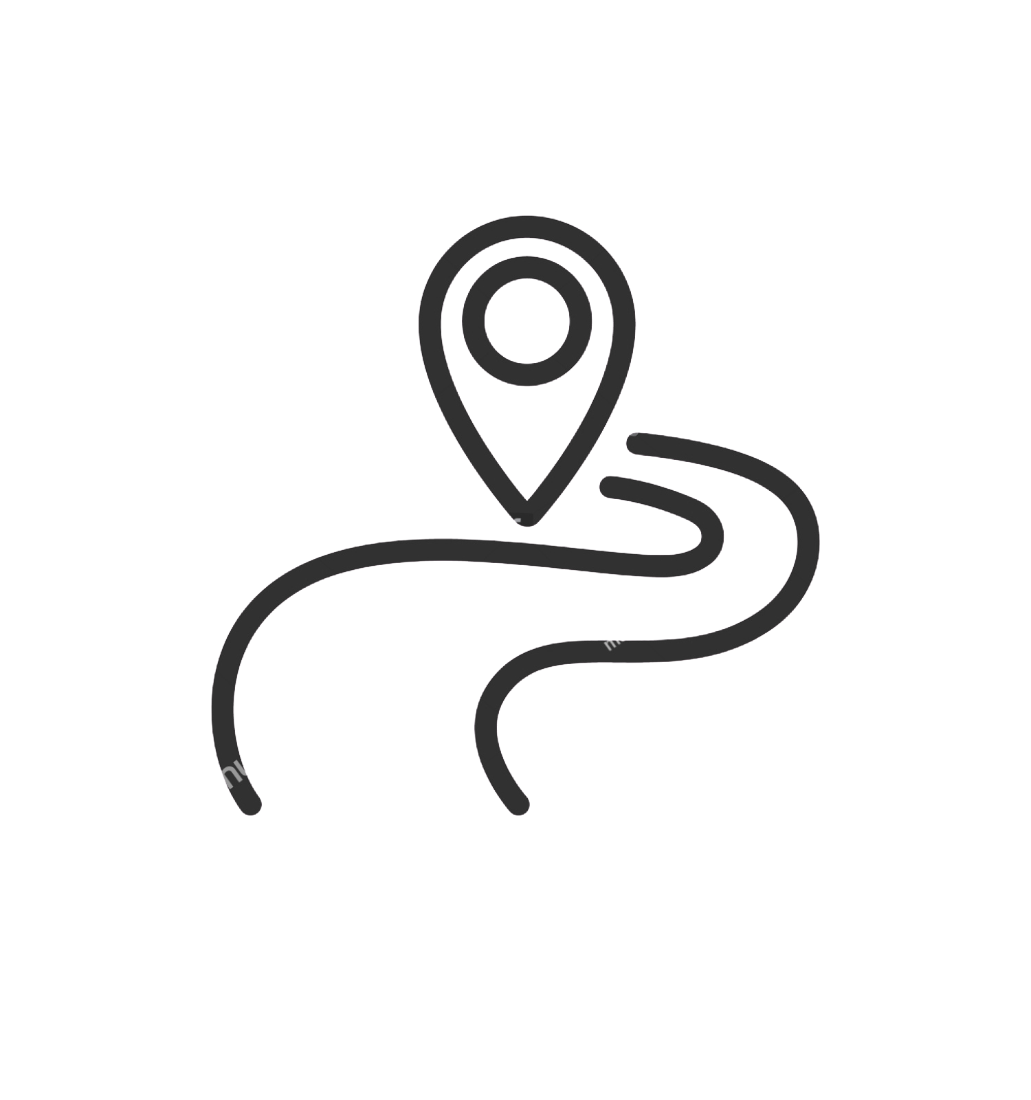 Outline of a location pin with a winding road leading to it.