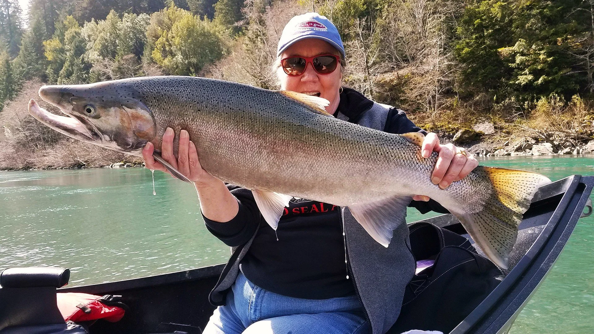 Person in sunglasses and a blue cap holding a large fish on a boat in a river with trees in the background.