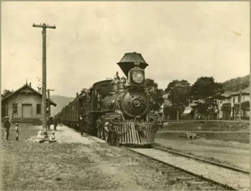 Black and white photo of a vintage steam train approaching a small train station on a rural street with a few houses, trees, and utility poles in the background.