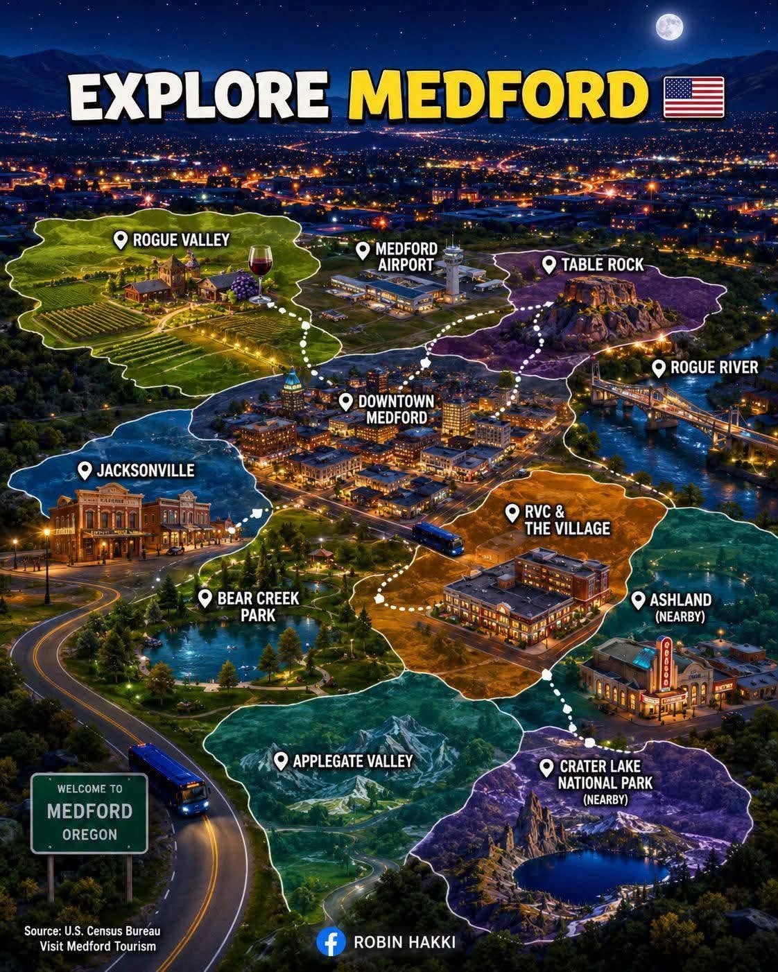 Nighttime aerial map of Medford, Oregon, showing local landmarks and attractions including Rogue Valley, Medford Airport, downtown Medford, and nearby natural parks like Crater Lake National Park and Applegate Valley, with a