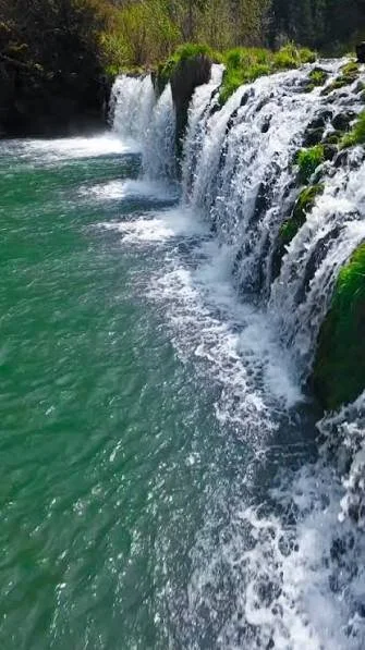 Waterfall flowing into a green river with moss-covered rocks and trees in the background.