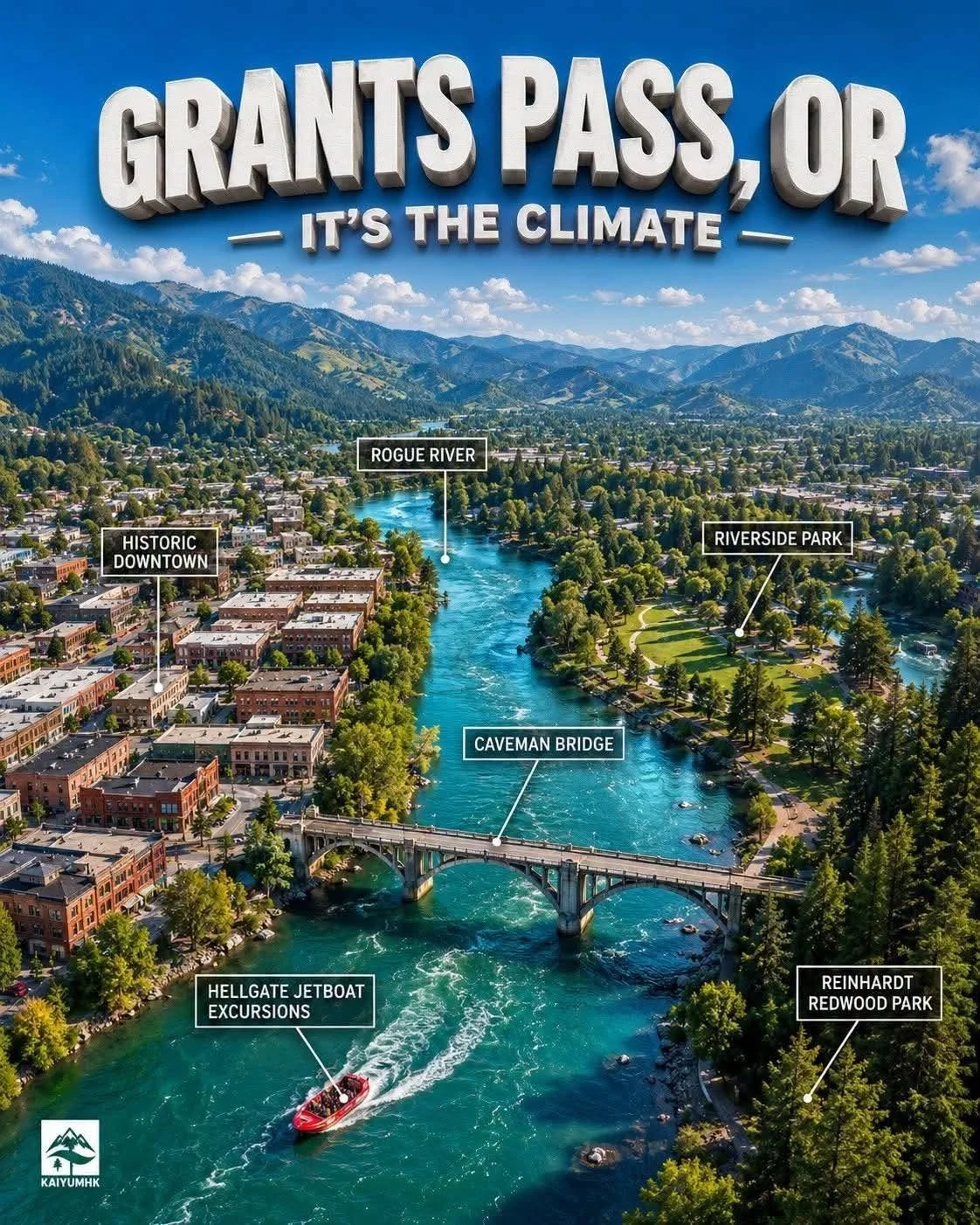 Aerial view of Grants Pass, Oregon, showing the Rogue River flowing through the town with labeled areas: historic downtown, Rogue River, Riverside Park, Caveman Bridge, Hellgate Jetboat Excursions boat, and Redwood Park, with mountains in the background and a partly cloudy sky.