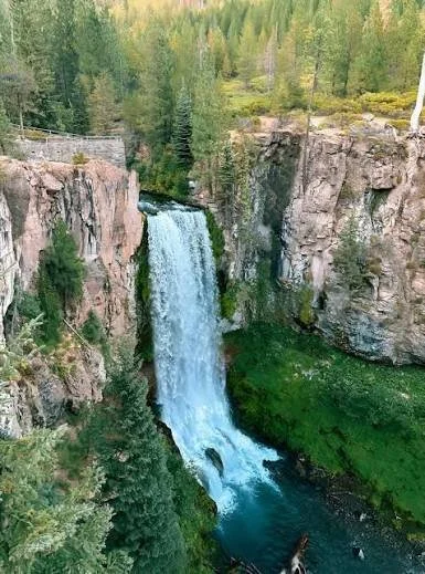 Waterfall cascading into a river surrounded by rocky cliffs and dense green forest.