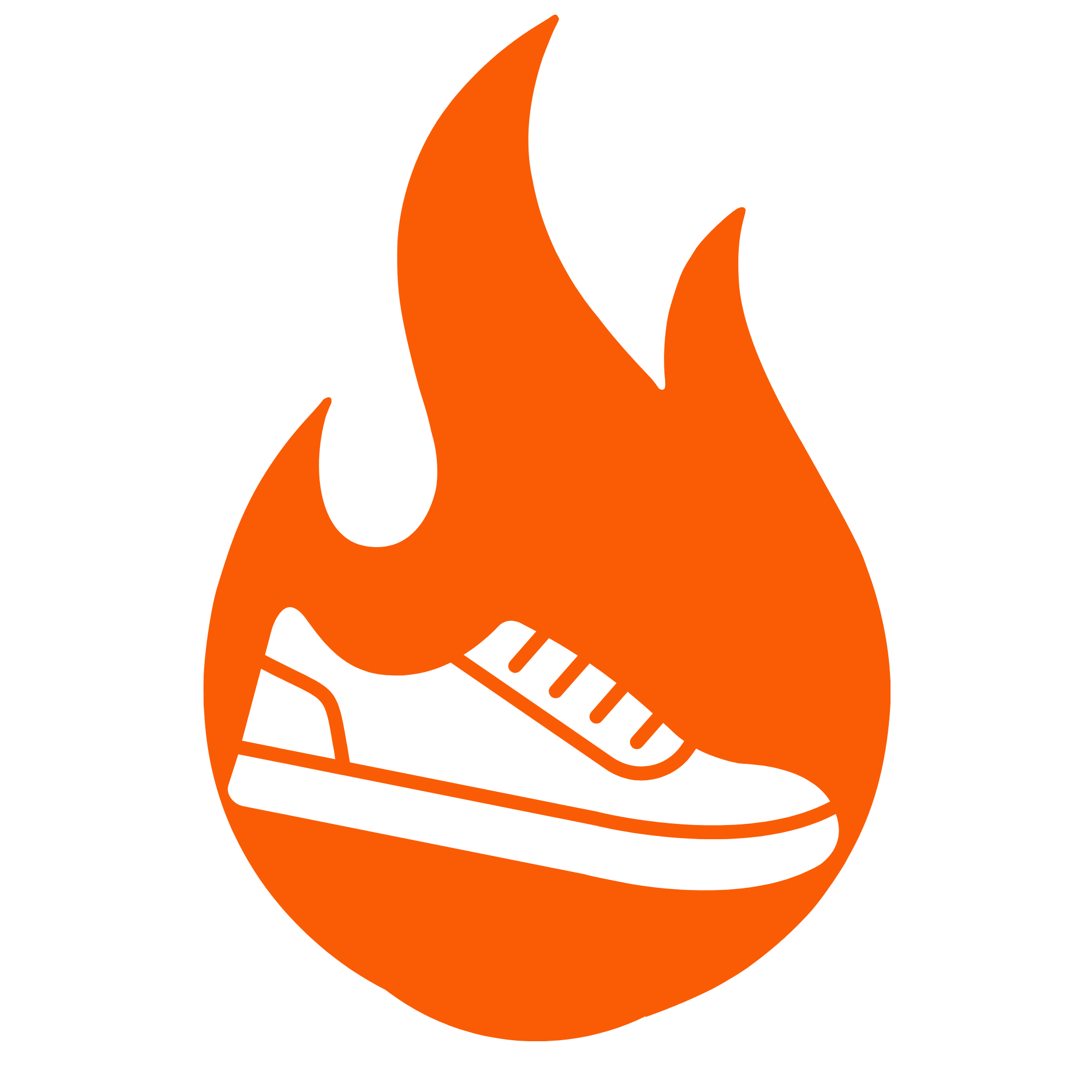 White sneaker inside a stylized orange flame