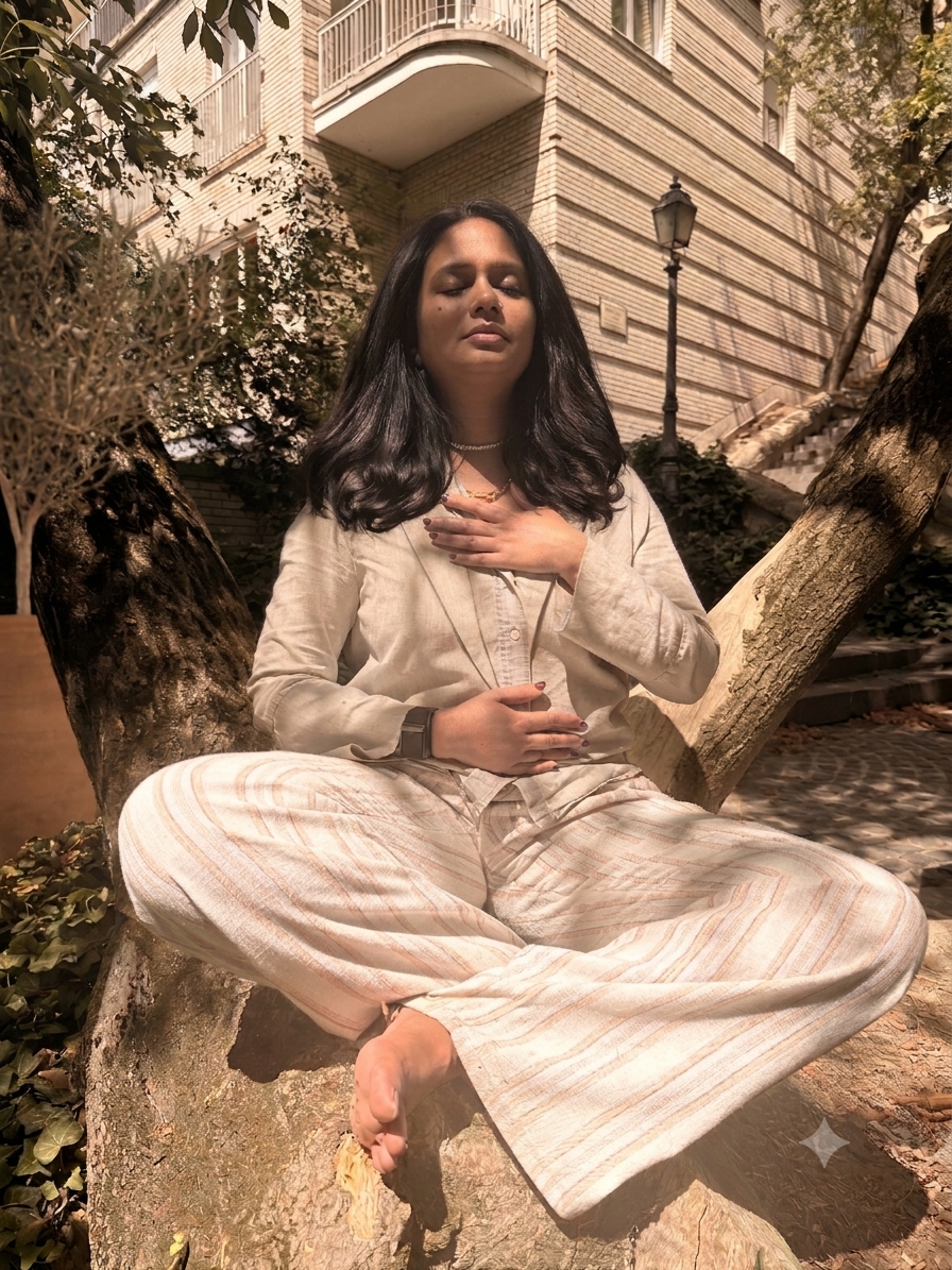 A woman with closed eyes and long dark hair sitting cross-legged on a tree trunk outdoors, with her hand on her chest and her other hand on her stomach, in front of a building with balconies and a lamp post.