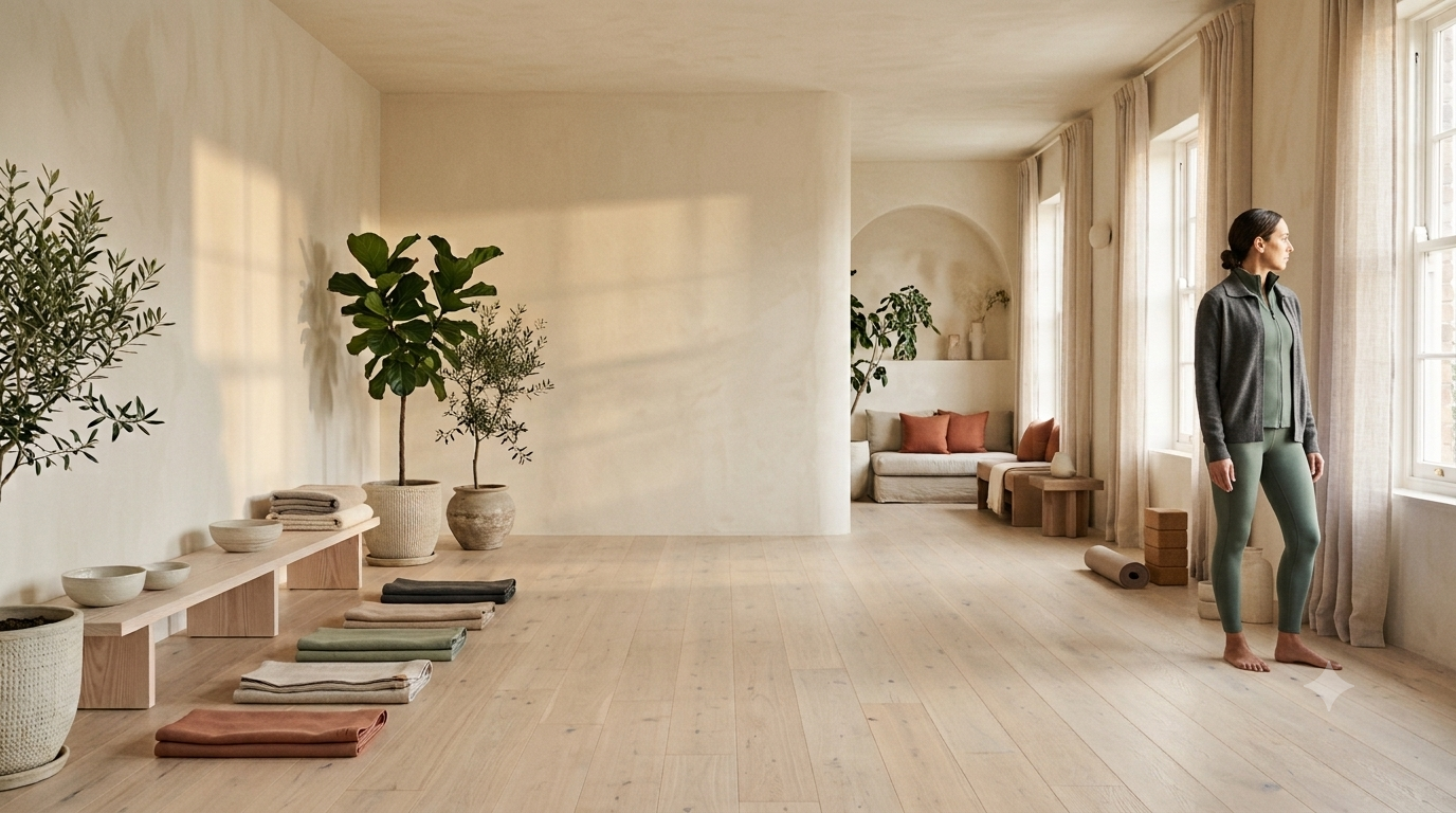A woman standing in a serene, minimalistic living room, gazing out the window. The room features natural light, light wood flooring, potted plants, and simple furniture with soft cushions.