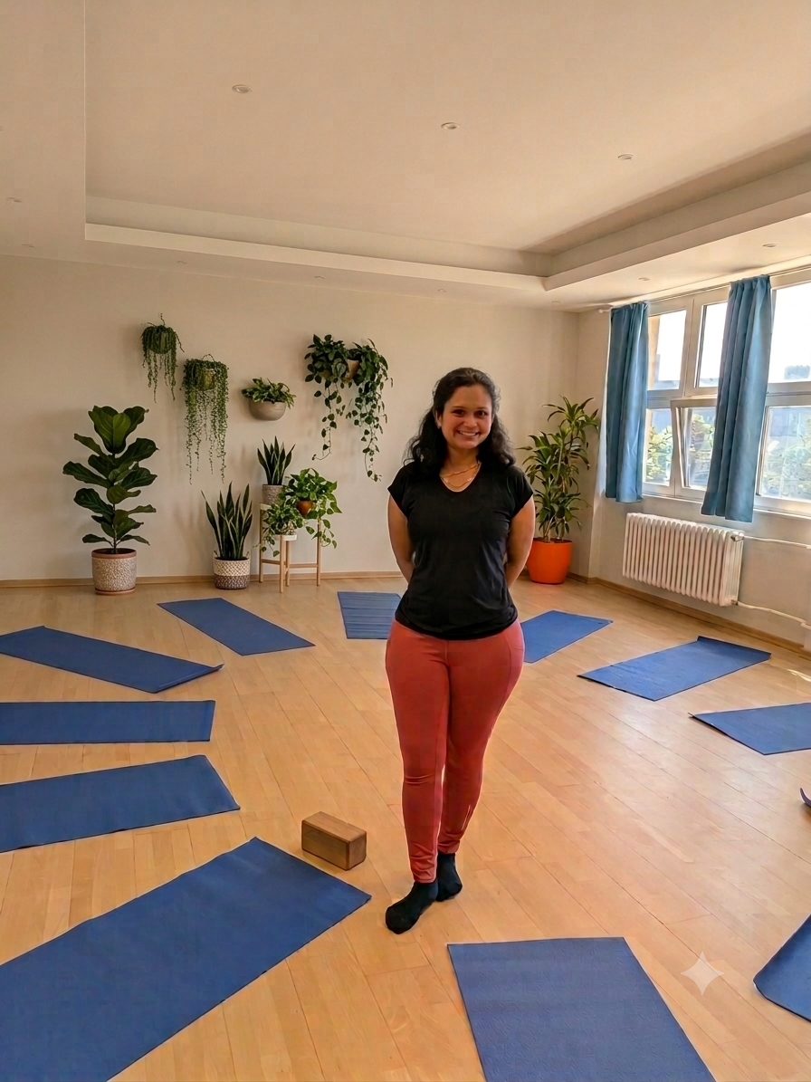A woman standing in a yoga studio with blue mats arranged on the wooden floor, surrounded by potted plants and windows with blue curtains.