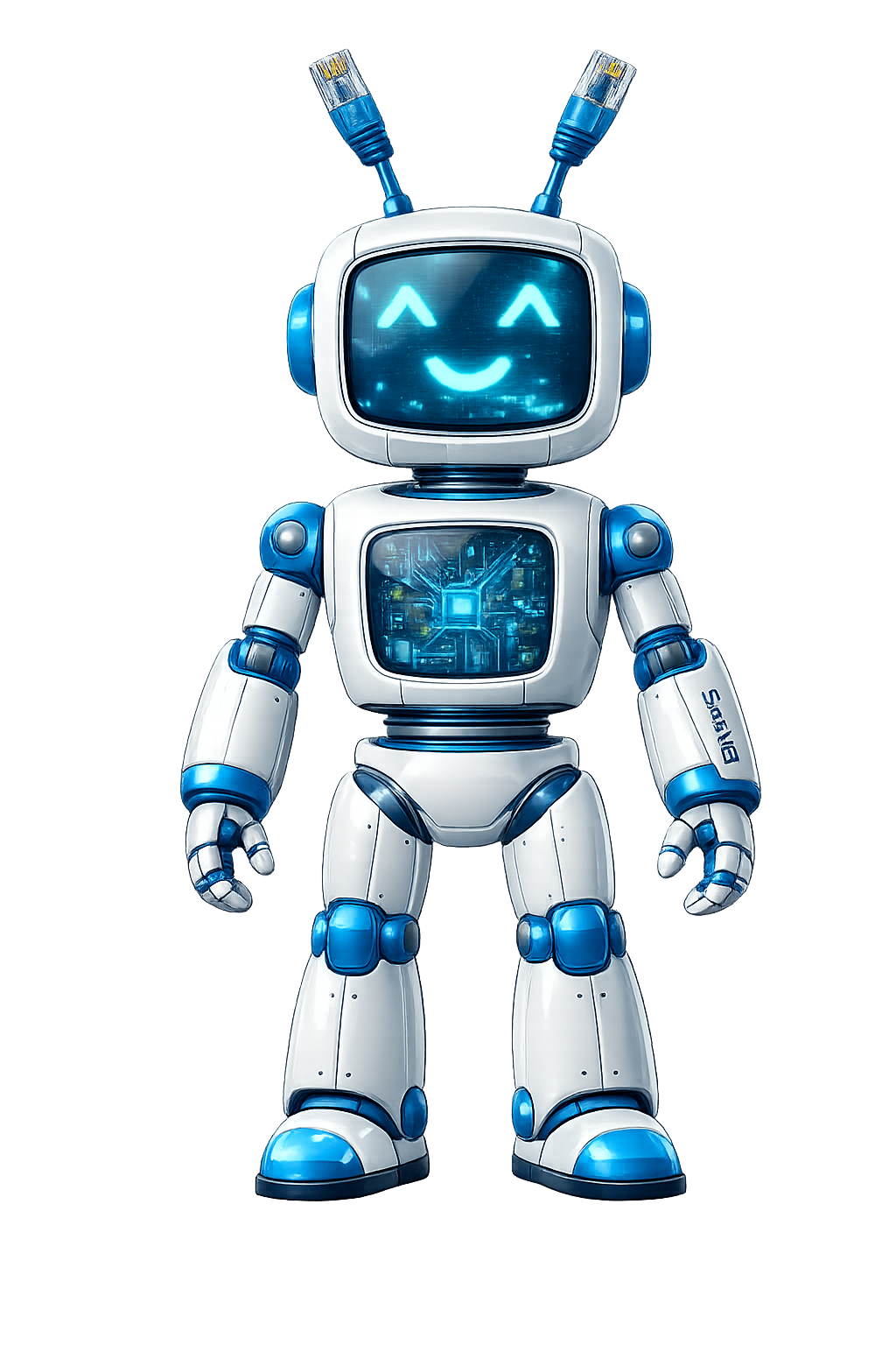 A cheerful robot with a screen face displaying a blinking face, standing upright with arms at its sides. It has a white and blue color scheme, with antennas on its head resembling cables, and a display panel on its chest.