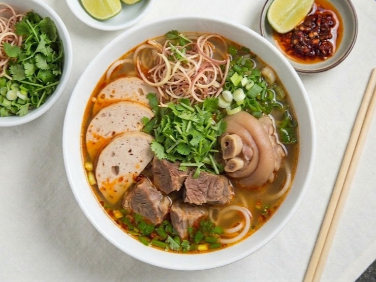 Bowl of Vietnamese pho with slices of beef, meatballs, pork, noodles, and fresh herbs, accompanied by lime wedges, chili sauce, and chopsticks.