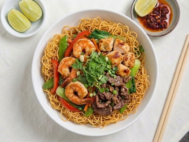 Bowl of stir-fried noodles with shrimp, chicken, beef, and vegetables topped with cilantro, with lime wedges and a small bowl of chili sauce on the side.
