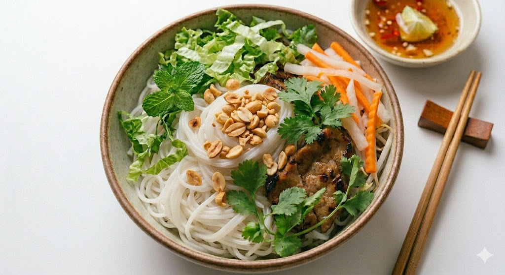 Vermicelli noodles with chopped peanuts, fresh herbs, vegetables, and grilled meat in a bowl, with a side of dipping sauce and chopsticks.