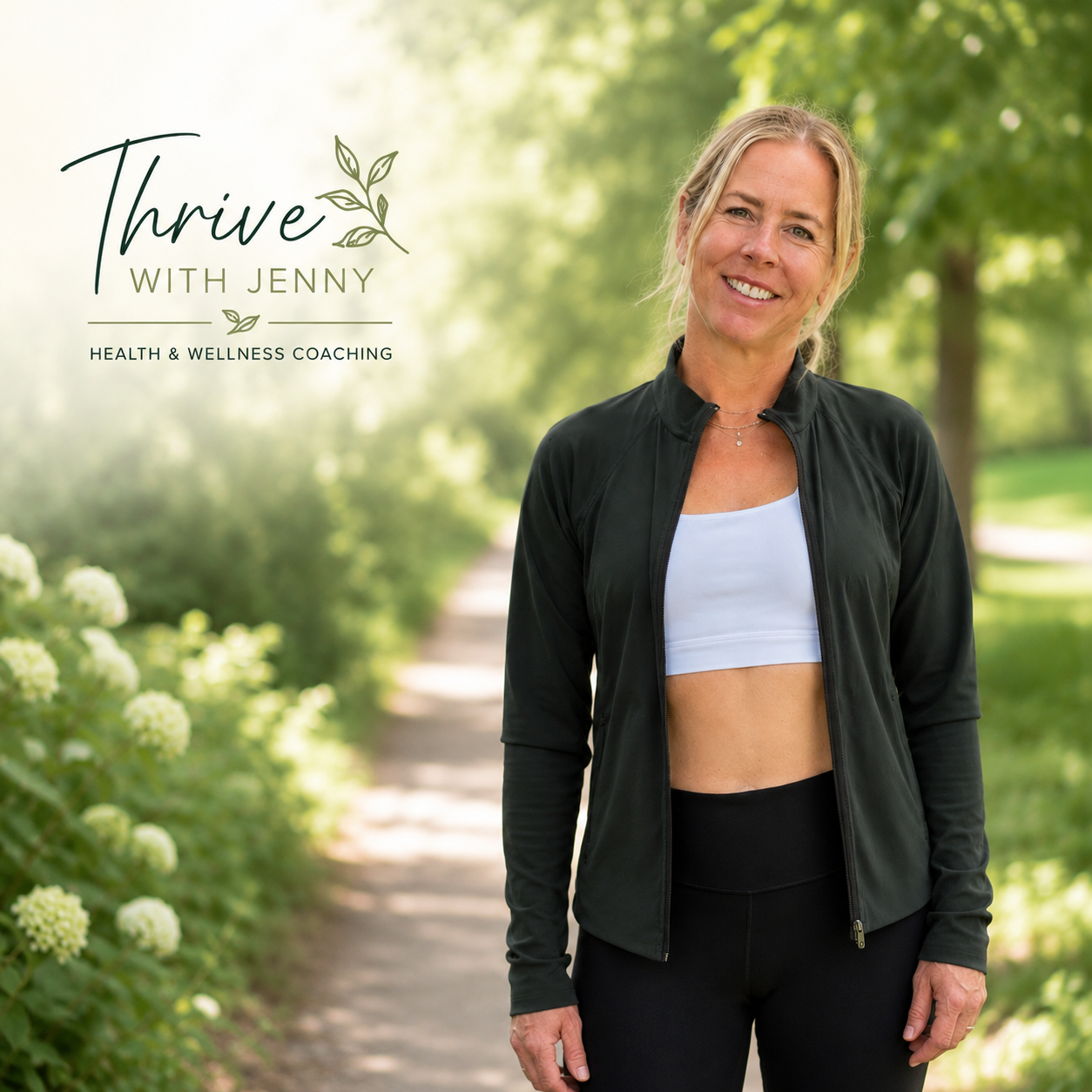 A woman standing on a sunlit park path with green trees and bushes around her, smiling at the camera. Text on the image reads 'Thrive with Jenny, Health & Wellness Coaching.'