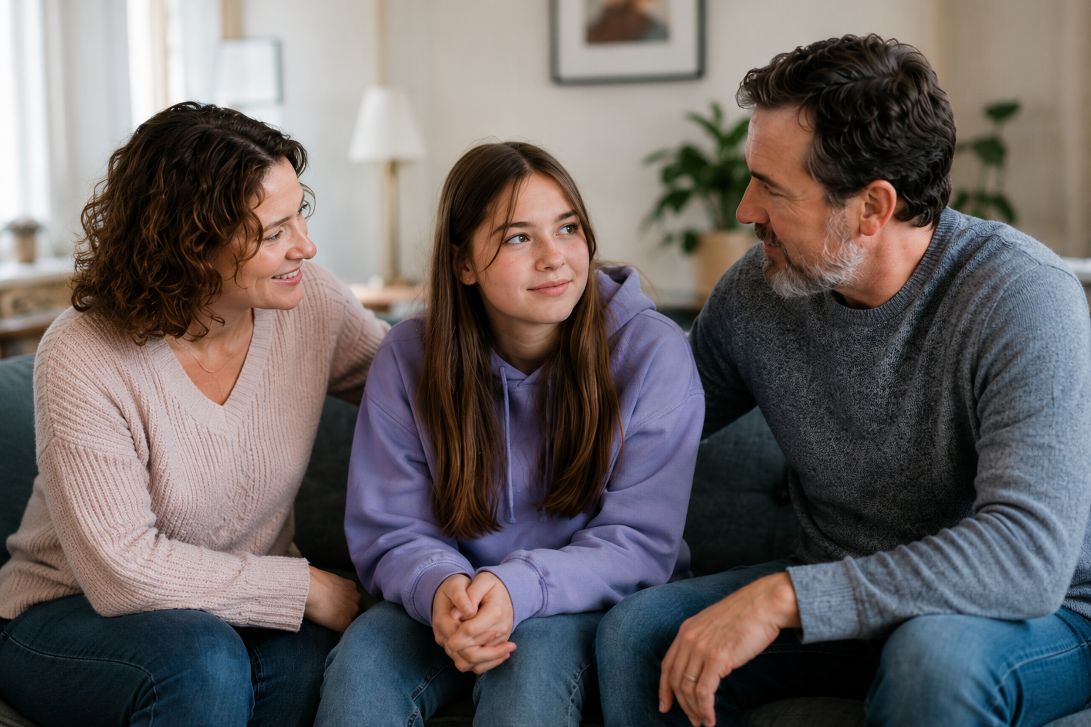 neurodivergent teen female with her parents sharing an understanding moment