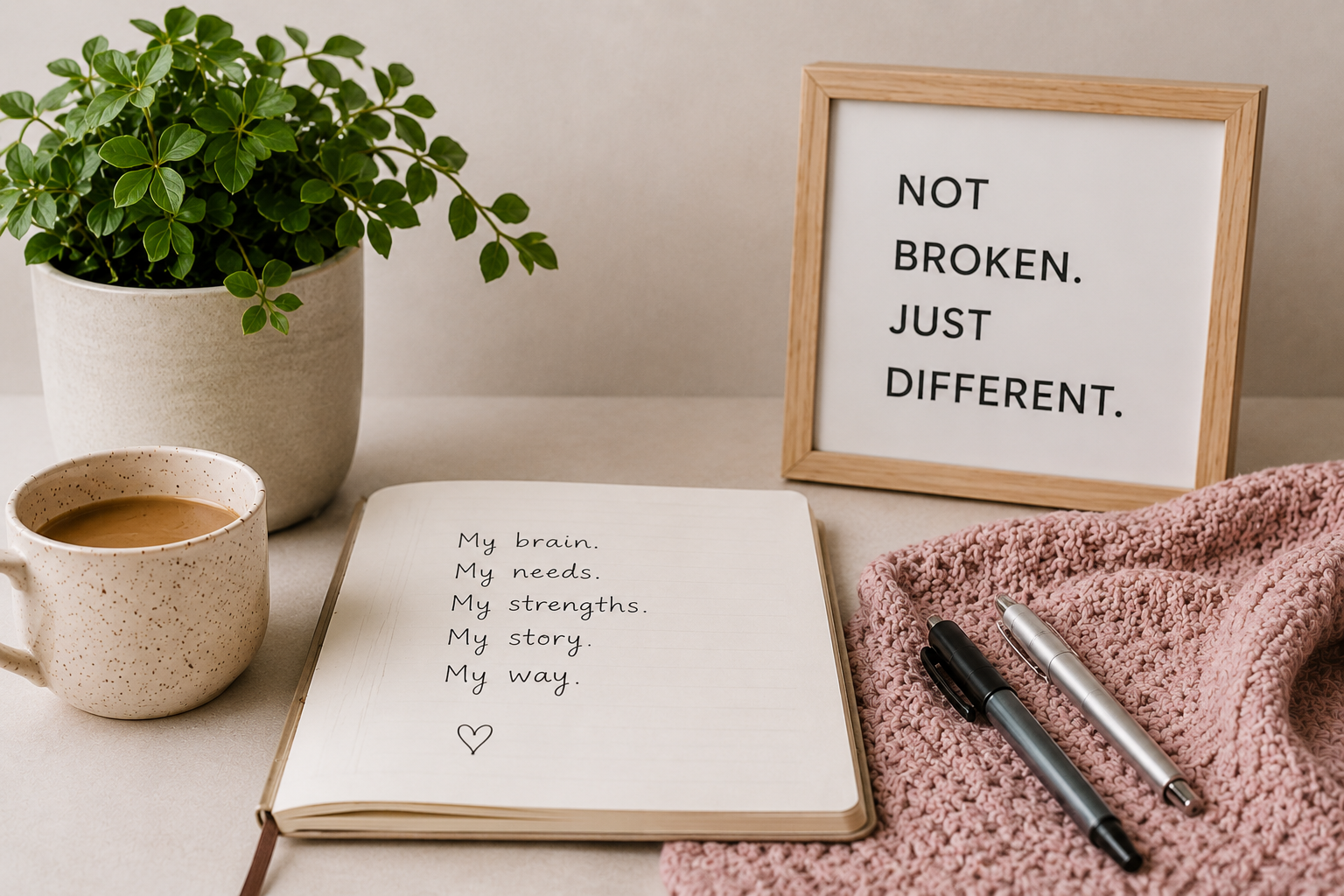 A desk arrangement includes a potted green plant, an open notebook with handwritten text reflecting self-acceptance, a cup of coffee, a framed sign that reads 'Not broken. Just different.', two pens, and a pink knitted cloth.