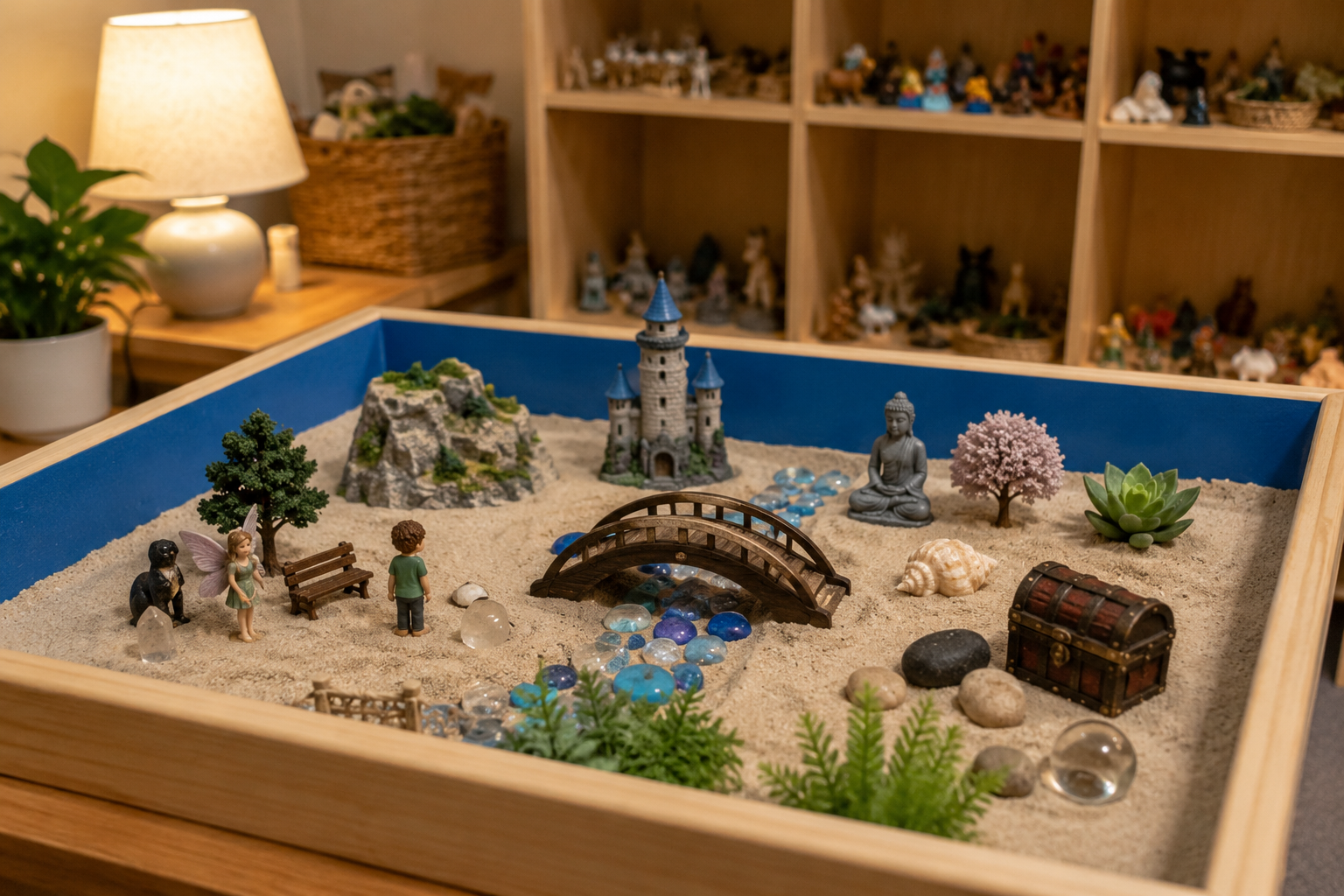 sand tray with various miniatures depicting sand tray therapy