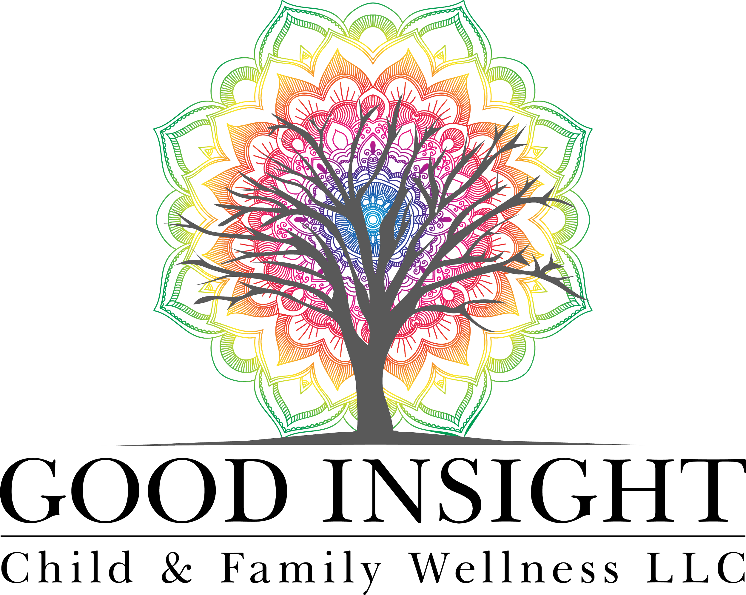 Logo for Good Inisght tree with firmly planted roots, rainbow mandala as leaves
