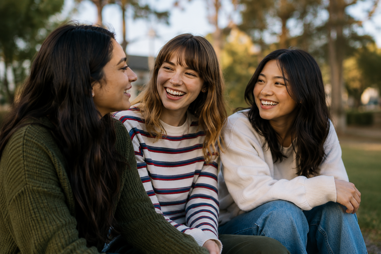 three female neurodivergent young adults laughing together in a park