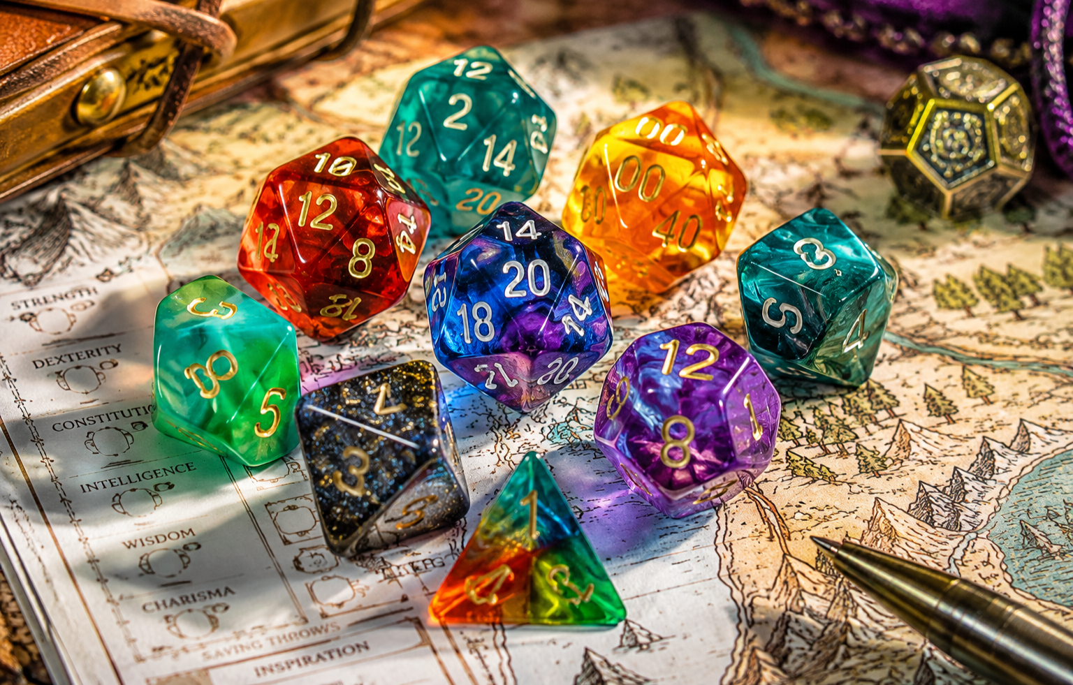 dungeons & dragons character sheet, polyhedral dice
