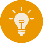 Icon of a light bulb on an orange circular background.