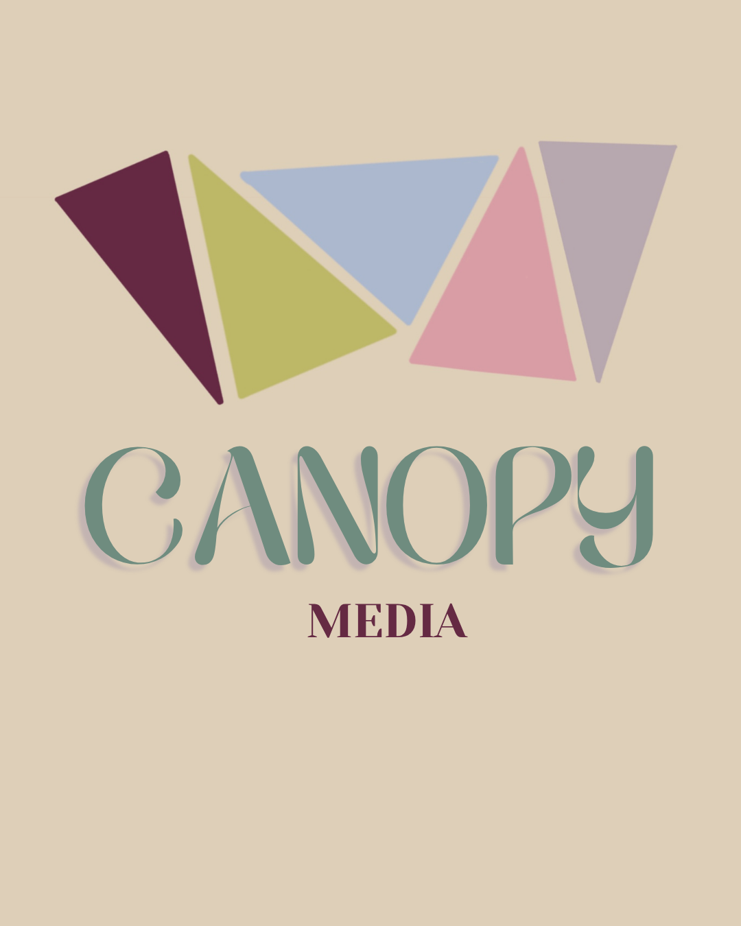 Illustration of five colorful geometric triangles above the words "CANOPY MEDIA" on a beige background.