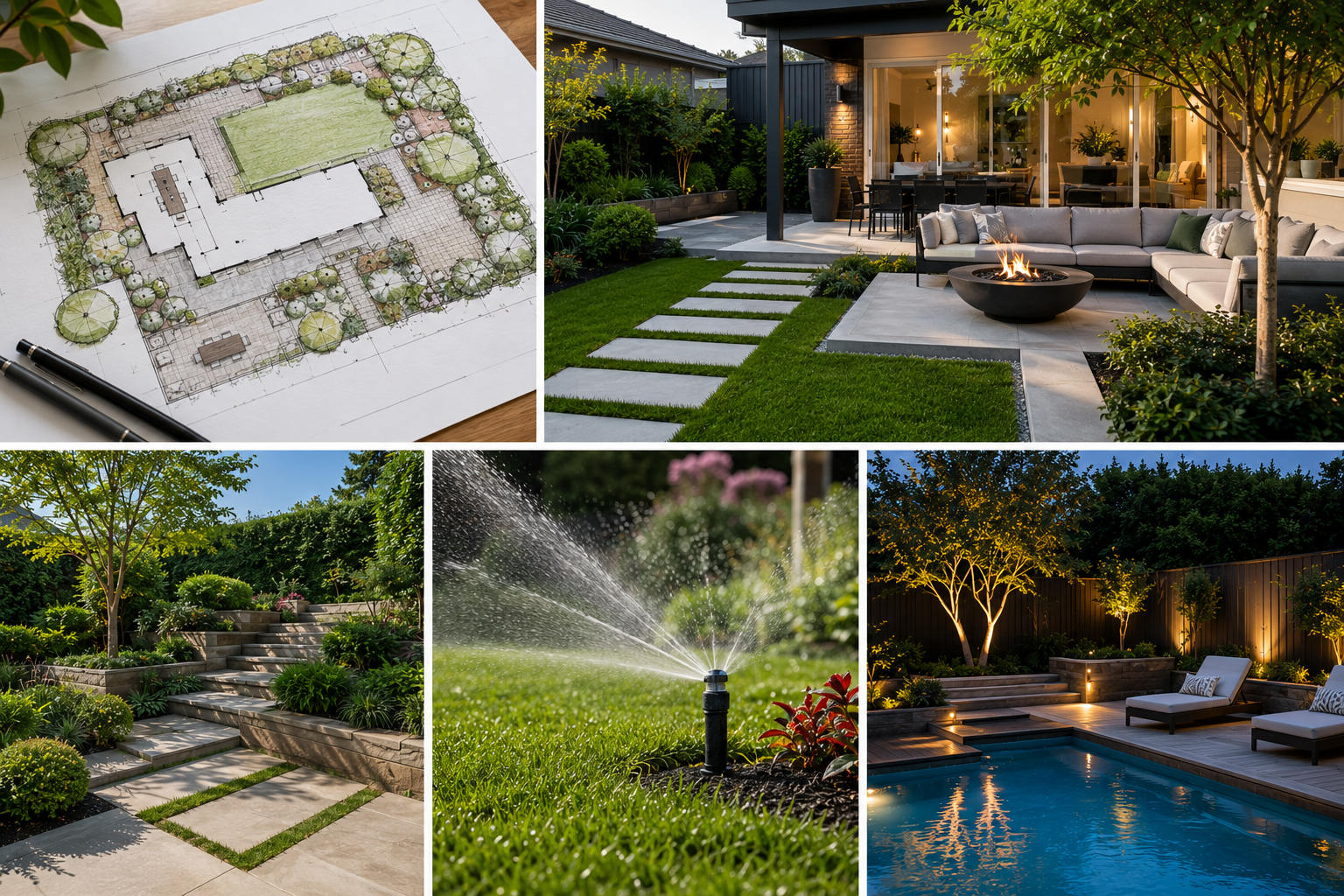 Collage of a backyard landscape design plan, modern outdoor seating area with fire pit, garden with stairs and trees, sprinkler watering the lawn, and lit pool with lounge chairs at night.