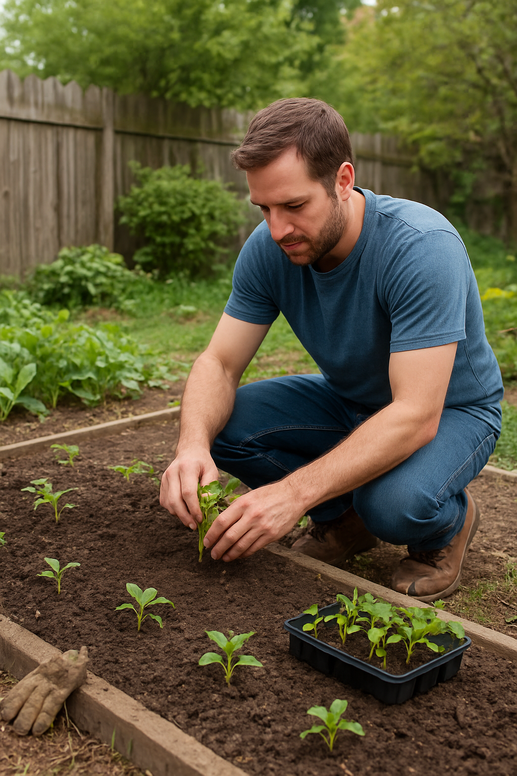 A man is crouching in a garden, planting seedlings into the soil. There are young plants growing in rows around him, and a tray of additional seedlings sits nearby. A wooden fence and green trees are in the background.