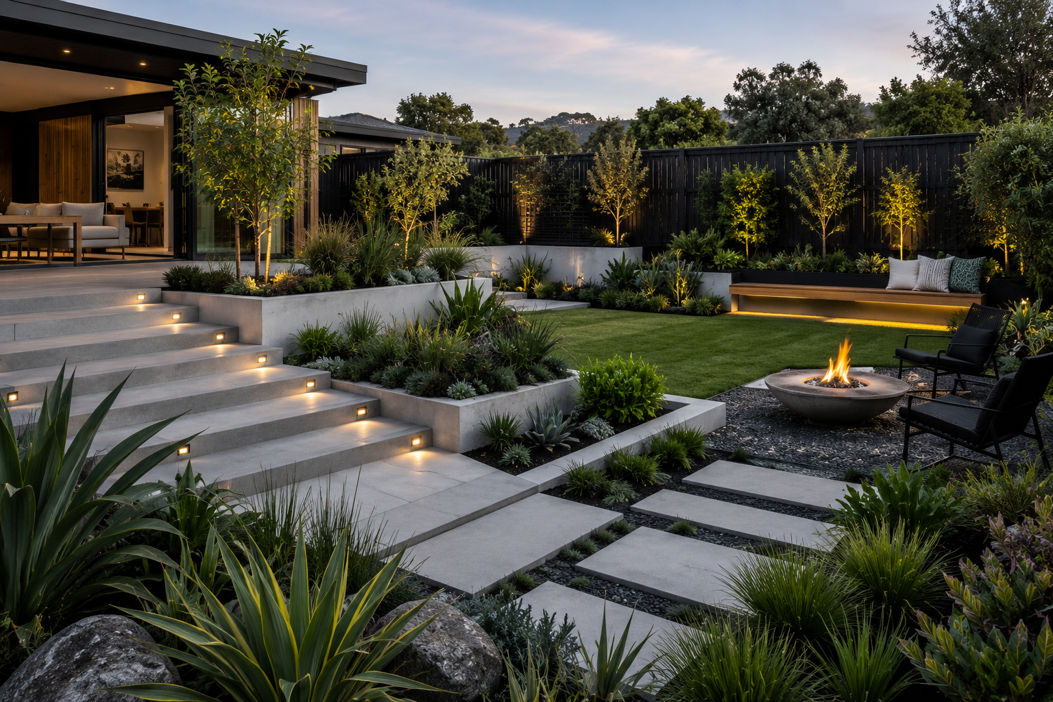 Modern backyard with flower beds, stairs with embedded lights, a fire pit with chairs, and a lawn surrounded by trees and outdoor lighting at dusk.