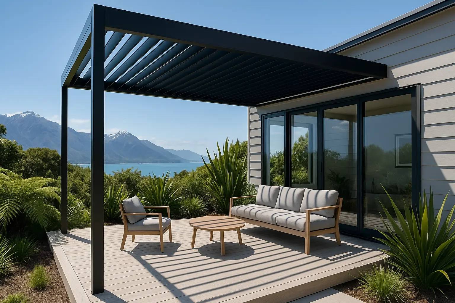 Outdoor patio with sofa and armchair on a wooden deck, overlooking a lake with mountains in the background, shaded by a modern black pergola.