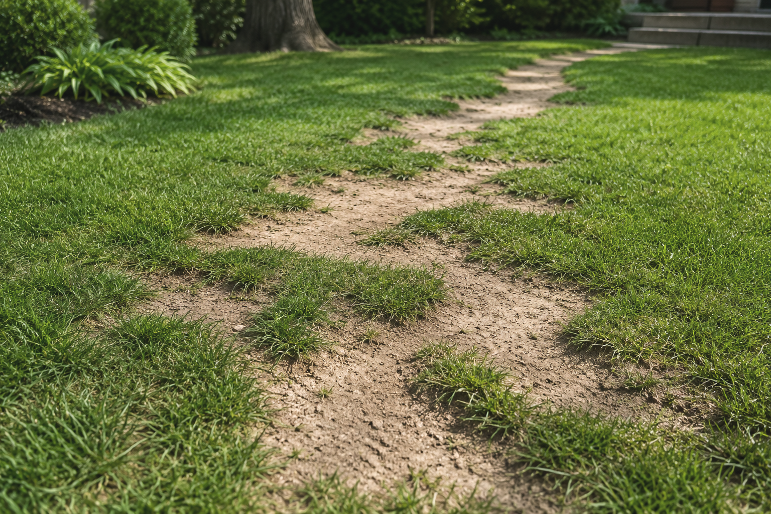 A dirt pathway winding through a grassy lawn with plants and trees in the background.